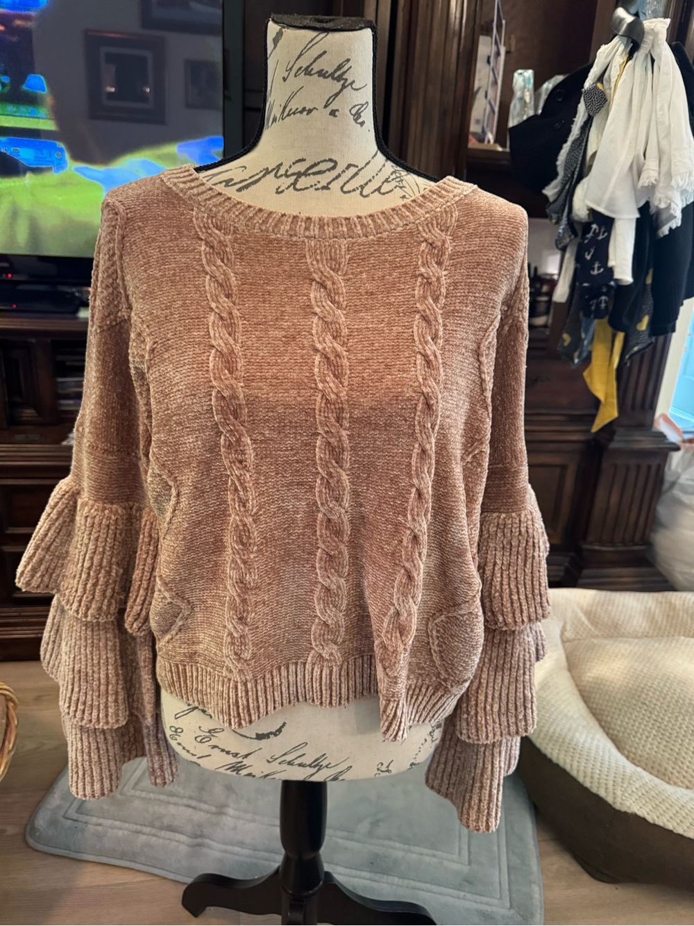 Elan med Women’s Cable Knit Ruffle Sleeve Sweater - Blush
